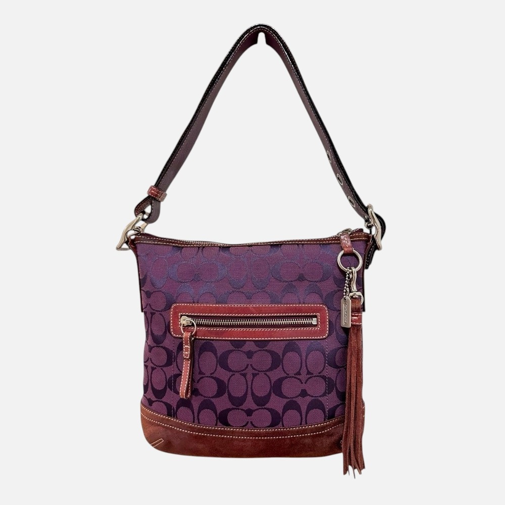 Coach Vintage Signature Jacquard Suede Tassel Slim Duffle Bag Plum Purple 9362